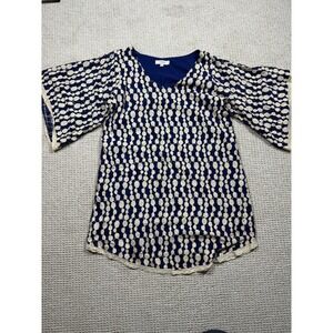 Umgee Top Womens Size Large Blue/White Lace Overlay Tunic Blouse Peasant Boho